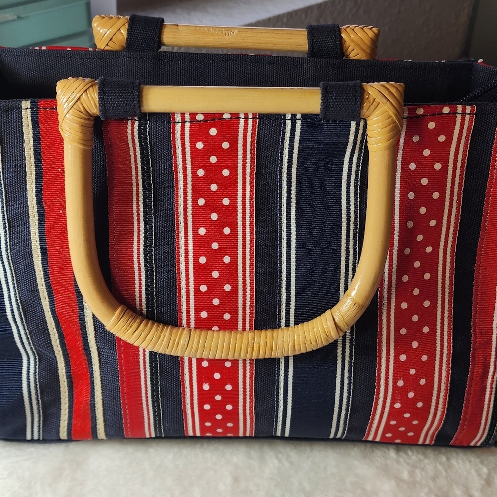 Tiannl Bamboo Handles Red White Blue Beige Handbag EUC